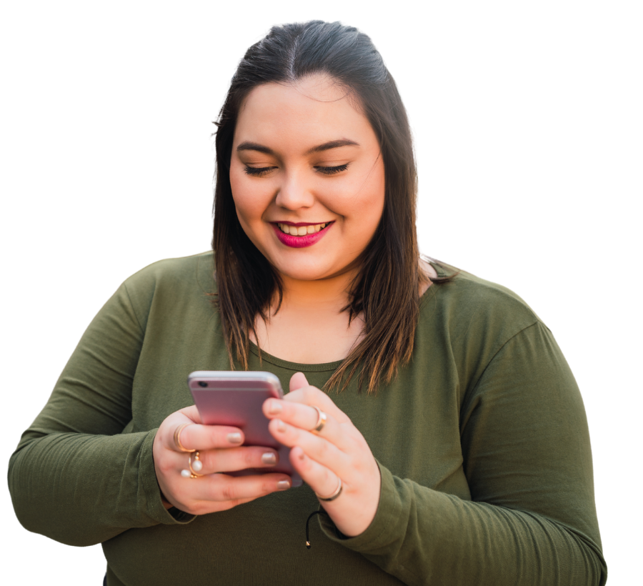 PÜHF Health - Happy Client - a woman smiling and holding a phone